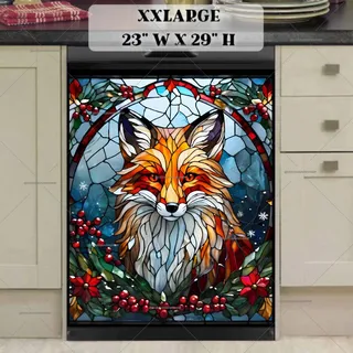 Preview of Stained Glass Christmas Fox and Flowers magnet in XX Large size.