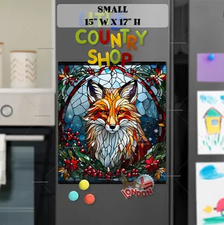 Preview of Stained Glass Christmas Fox and Flowers magnet in Small size.