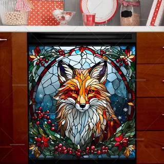 Preview of Stained Glass Christmas Fox and Flowers magnet.