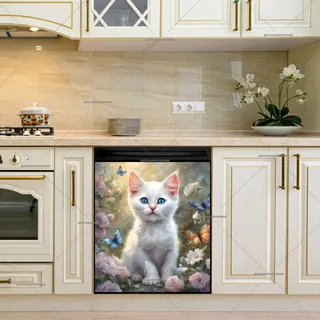 Preview of White Cat in the Butterfly Garden magnet.