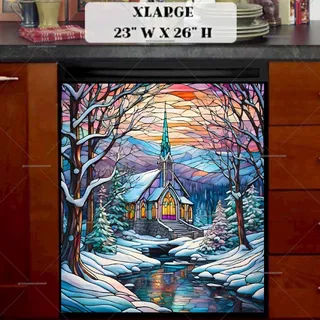 Preview of Stained Glass Winter Church magnet in Extra Large size.