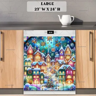 Preview of Stained Glass Christmas Town magnet in Large size.