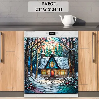 Preview of Stained Glass Christmas Cottage in the Wood magnet in Large size.