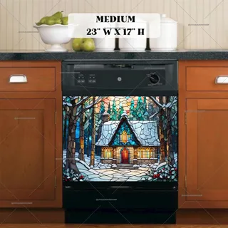 Preview of Stained Glass Christmas Cottage in the Wood magnet in Medium size.