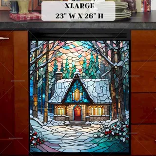 Preview of Stained Glass Christmas Cottage in the Wood magnet in Extra Large size.