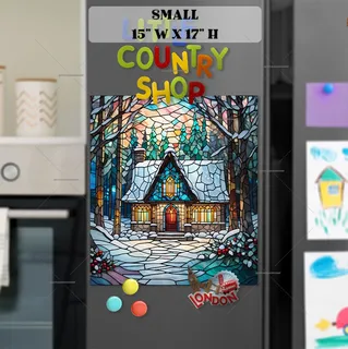 Preview of Stained Glass Christmas Cottage in the Wood magnet in Small size.