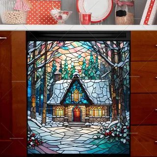 Preview of Stained Glass Christmas Cottage in the Wood magnet.