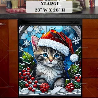 Preview of Stained Glass Christmas Kitten magnet in Extra Large size.