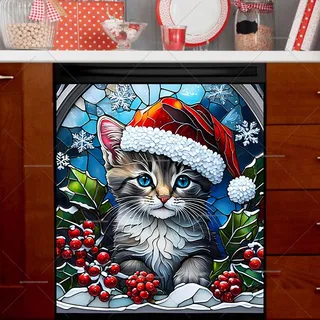 Preview of Stained Glass Christmas Kitten magnet.