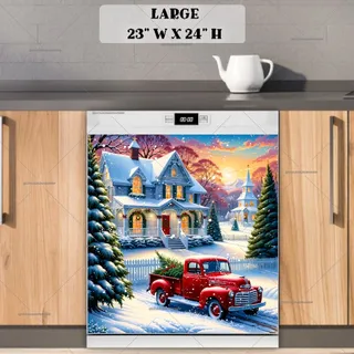 Preview of Cozy Christmas Cottage and Red Truck magnet in Large size.