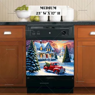 Preview of Cozy Christmas Cottage and Red Truck magnet in Medium size.