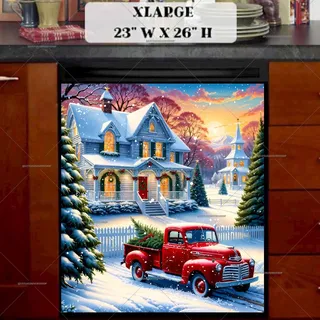 Preview of Cozy Christmas Cottage and Red Truck magnet in Extra Large size.