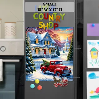 Preview of Cozy Christmas Cottage and Red Truck magnet in Small size.