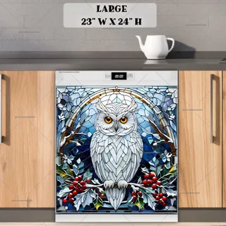 Preview of Stained Glass Christmas White Owl magnet in Large size.