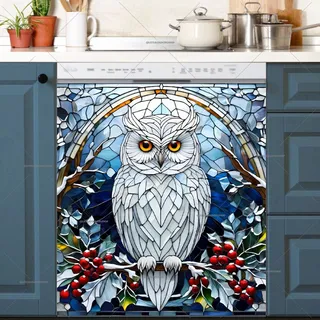 Preview of Stained Glass Christmas White Owl magnet.