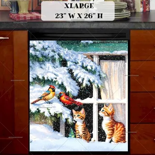 Preview of Curious Kittens and Winter Birds magnet in Extra Large size.