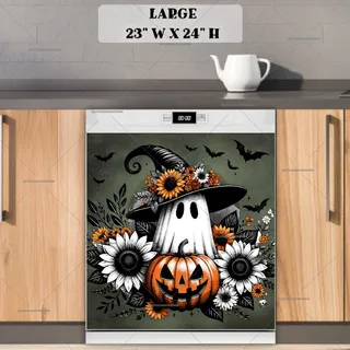 Preview of Halloween Ghost with Flowers and Pumpkin magnet in Large size.