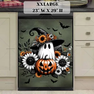 Preview of Halloween Ghost with Flowers and Pumpkin magnet in XX Large size.