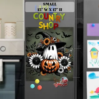 Preview of Halloween Ghost with Flowers and Pumpkin magnet in Small size.