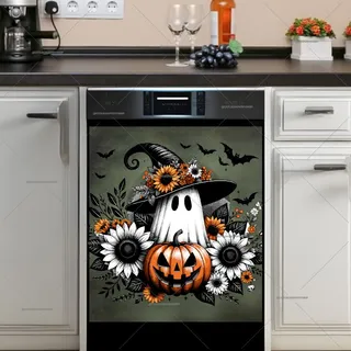 Preview of Halloween Ghost with Flowers and Pumpkin magnet.