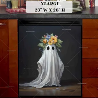 Preview of Cute Halloween Ghost with Flowers magnet in Extra Large size.