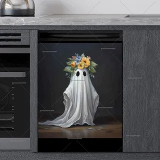 Preview of Cute Halloween Ghost with Flowers magnet.