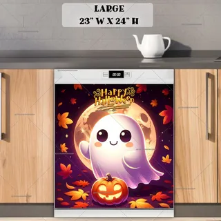 Preview of Cute Halloween Ghost with a Pumpkin magnet in Large size.