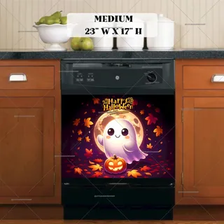 Preview of Cute Halloween Ghost with a Pumpkin magnet in Medium size.