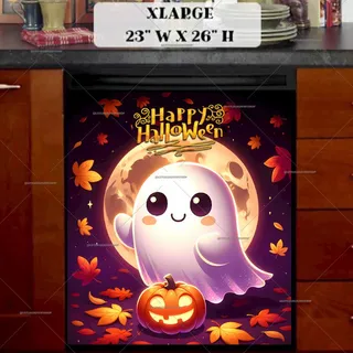 Preview of Cute Halloween Ghost with a Pumpkin magnet in Extra Large size.