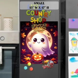 Preview of Cute Halloween Ghost with a Pumpkin magnet in Small size.