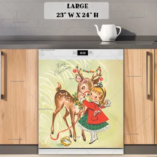 Preview of Vintage Christmas Girl and Deer magnet in Large size.