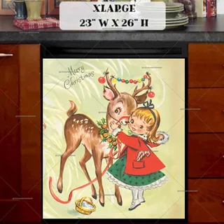 Preview of Vintage Christmas Girl and Deer magnet in Extra Large size.