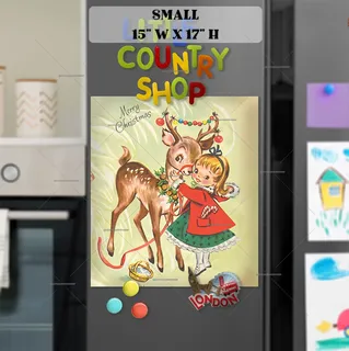 Preview of Vintage Christmas Girl and Deer magnet in Small size.