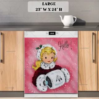 Preview of Vintage Christmas Girl Greeting magnet in Large size.