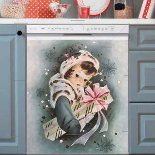 Preview of Vintage Christmas Girl with a Gift magnet.
