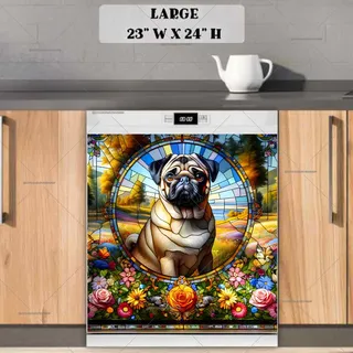 Preview of Stained Glass Pug and Flowers magnet in Large size.