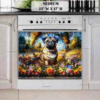 Preview of Stained Glass Pug and Flowers magnet in Medium size.