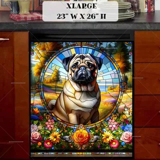Preview of Stained Glass Pug and Flowers magnet in Extra Large size.