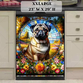 Preview of Stained Glass Pug and Flowers magnet in XX Large size.