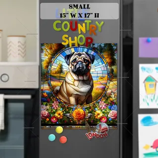 Preview of Stained Glass Pug and Flowers magnet in Small size.