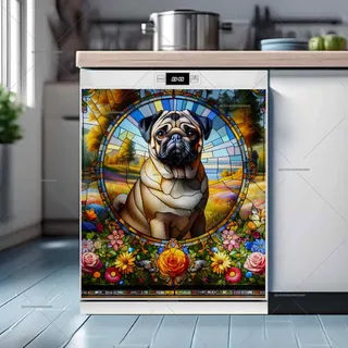 Preview of Stained Glass Pug and Flowers magnet.
