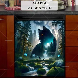 Preview of Black Fantasy Forest Cat magnet in Extra Large size.