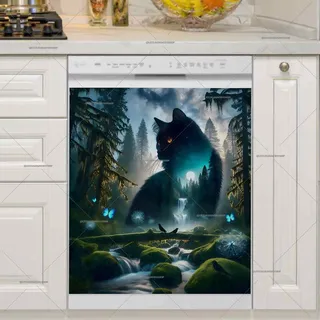 Preview of Black Fantasy Forest Cat magnet.