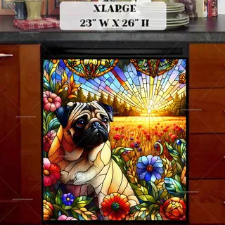 Preview of Stained Glass Pug in the Meadow magnet in Extra Large size.