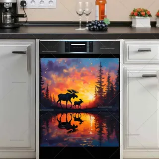Preview of Mom and Baby Moose in the Sunset magnet.