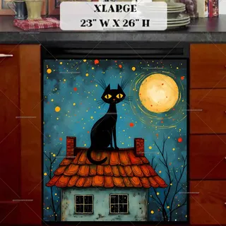 Preview of Folk Black Cat on the Roof magnet in Extra Large size.