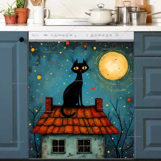 Preview of Folk Black Cat on the Roof magnet.