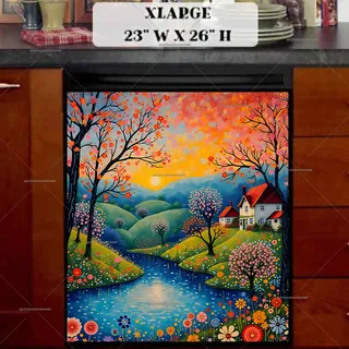 Preview of Folk Farmhouse by the River magnet in Extra Large size.