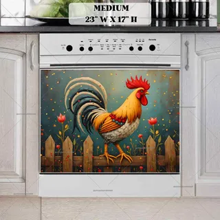 Preview of Folk Farmhouse Rooster on the Fence magnet in Medium size.