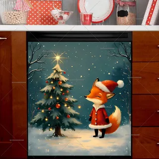 Preview of Cute Santa Fox and Christmas Tree magnet.